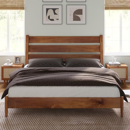 AMERLIFE King Size Mid Century Solid Wood Bed Frame with Reclining Headboard and Noise-Free Slat Support - WoodArtSupply