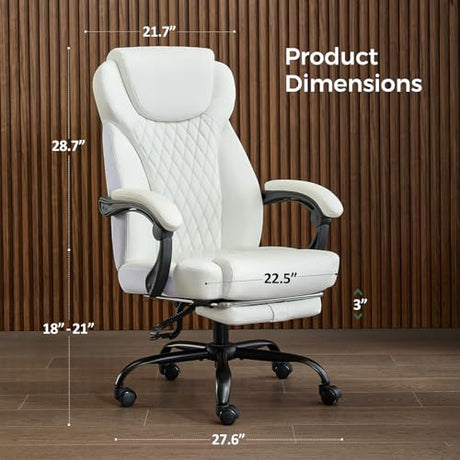 amseatec Office Chair, Big and Tall Office Chair with Foot Rest Ergonomic Chair Home Office Desk Chairs Reclining High Back Leather Chair with Lumbar Support(White) amseatec