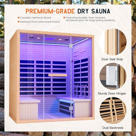 Albott Infrared Sauna 4 Person, Infrared Saunas for Home, Low EMF 2145W/110V/20A Hemlock Wood Dry Sauna with Tourmaline Foot Warmer, 7-Color Light Therapy & Ambient Light Strips, 63.2"x47.2"x75.2" Albott