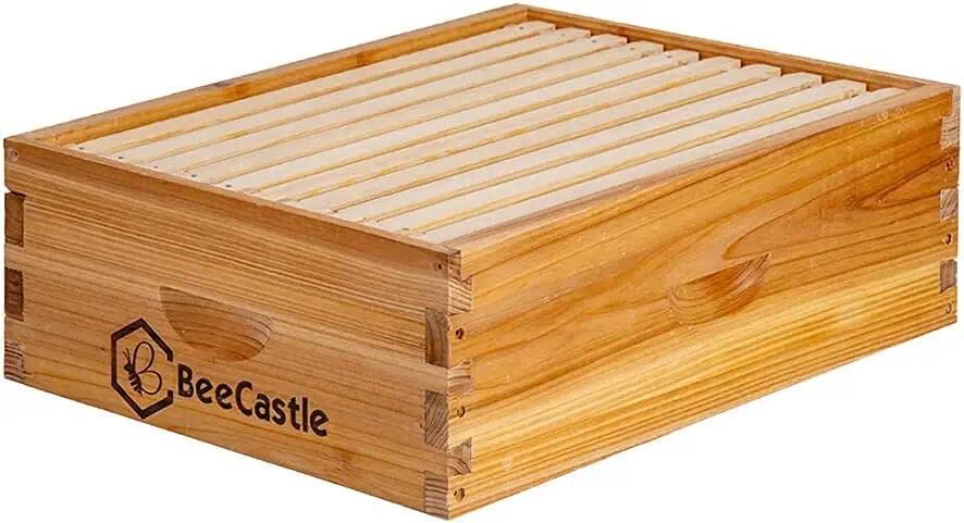BeeCastle 10 Frame Assembled Medium Honey Super Bee Hive Box with Beehive Frames ＆ Beeswax Coated Foundation Sheets BeeCastle