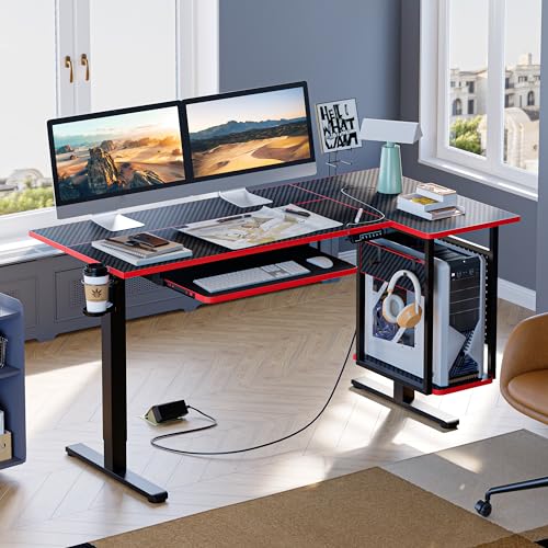 Bestier L Shaped Electric Standing Desk Adjustable Height with Keyboard Tray, Host Shelf & Pegboard (Black 3D Carbon Fiber with Red Edge) - WoodArtSupply