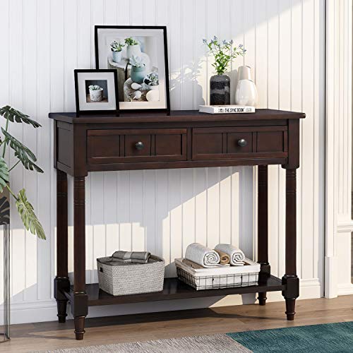 Bellemave Console Table with Drawers, Retro Entryway Table with 2 Drawers and Open Storage Shelf, Narrow Long Sofa Table, Behind Couch Table for Living Room, Foyer and Hallway,Espresso Bellemave