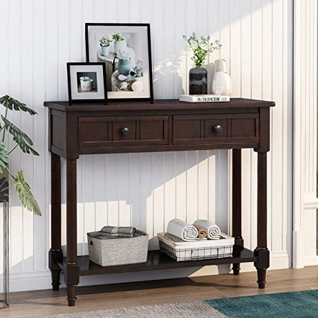Bellemave Console Table with Drawers, Retro Entryway Table with 2 Drawers and Open Storage Shelf, Narrow Long Sofa Table, Behind Couch Table for Living Room, Foyer and Hallway,Espresso Bellemave