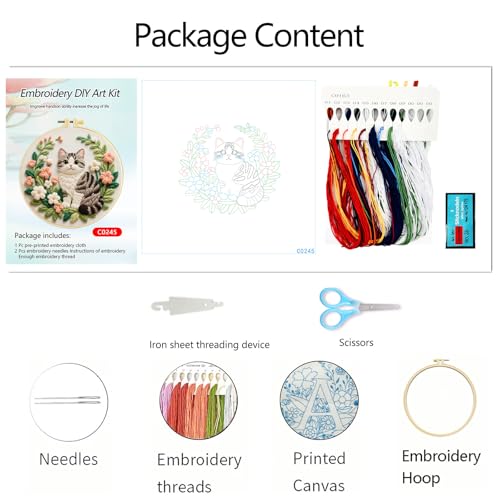 Zhenqing Gray Cat Embroidery Kit for Beginners, Pre-Printed 29x29cm Cotton Fabric with 20cm Hoop, Cute Striped Cat in Floral Wreath Design (C0245)