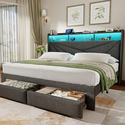 Driftalia King Size Bed Frame with 2-Tier Storage Headboard, Upholstered King Bed Frame with 2 Drawers, Charging Station and LED Lights, No Box Spring Needed, Easy Assembly - Dark Grey