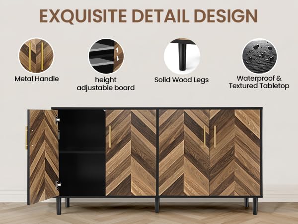 Likein Modern Sideboard Buffet Cabinet 58" with 4 Doors, Long Coffee Bar Credenza Storage Cabinet with Adjustable Shelves, Console Table for Dinning room, Living Room, Hallway, Bedroom, Black Brown Likein