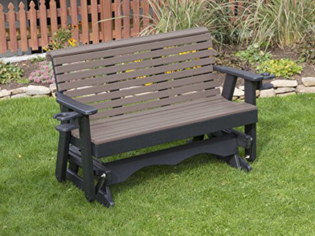 ECOMMERSIFY INC 5FT-Weathered Wood-Poly Lumber ROLL Back Porch Glider with Cupholder arms Heavy Duty Everlasting PolyTuf HDPE - Made in USA - Amish Crafted ECOMMERSIFY INC