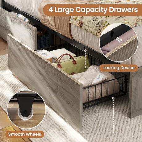 VIAGDO Farmhouse Bed Frame King Size with Bookcase Storage Headboard, Charging Station and LED Lights, Wooden King Bed Frame with 4 Drawers, Barn Door Design, No Box Spring Needed, No Noise, Grey VIAGDO