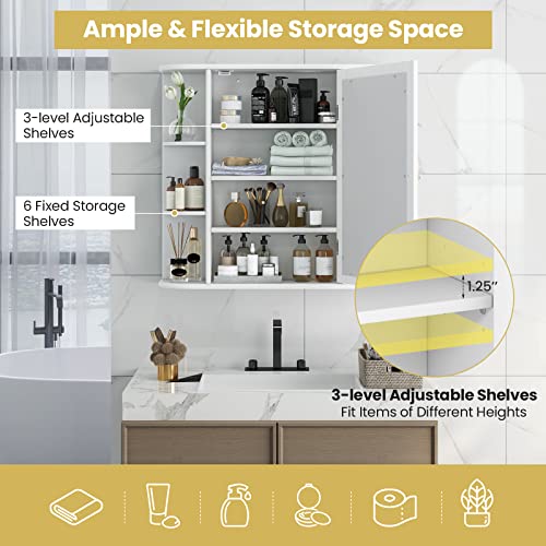 Tangkula Bathroom Medicine Cabinet with Mirror, Wall Mounted Bathroom Storage Cabinet w/Mirror Door & 6 Open Shelves, Adjustable Shelves, Mirrored Bathroom Wall Cabinet (White) Tangkula