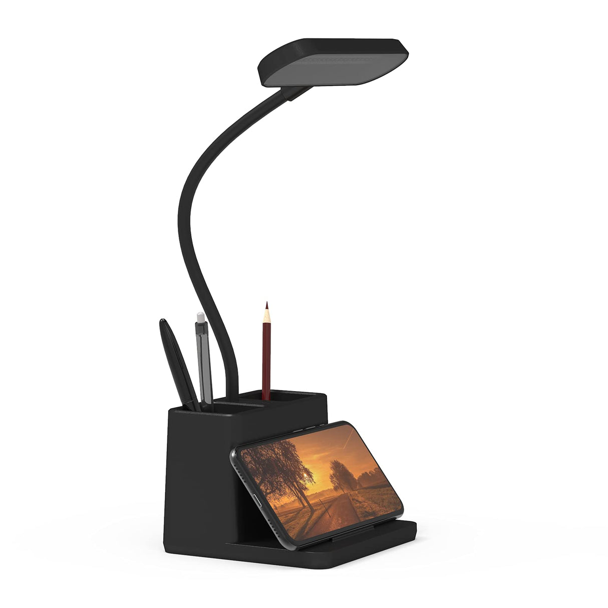 AXX Black LED Desk Lamp for Home Office Bedroom, Battery Operated Table Light for Computer Desktop, Small, Cute, Dimmable, Rechargeable, Flexible Gooseneck, Pen Holder, Phone Mount, Touch Control AXX