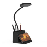 AXX Black LED Desk Lamp for Home Office Bedroom, Battery Operated Table Light for Computer Desktop, Small, Cute, Dimmable, Rechargeable, Flexible Gooseneck, Pen Holder, Phone Mount, Touch Control AXX