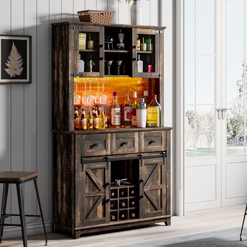 LUXOAK 72" Coffee Bar Wine Cabinet with Sliding Barn Door & LED Lights, Sideboard Buffet Cabinet with Wine Bottle Rack, 3 Drawers, Storage Cabinet for Kitchen, Dining Room, Dark Rustic Oak LUXOAK