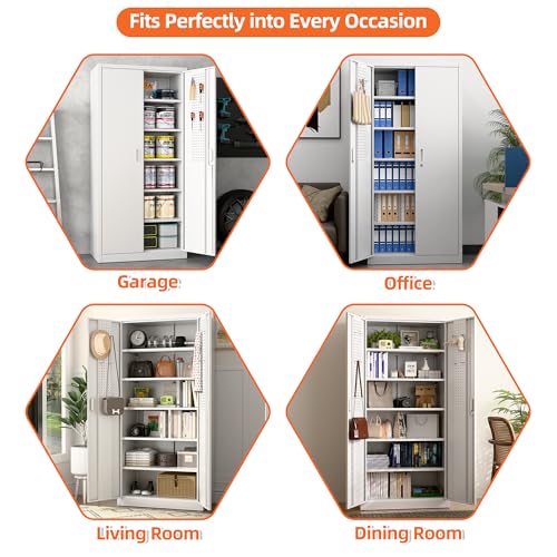 JAORD Metal Storage Cabinet with 5 Adjustable Shelves and Pegboard, 71" H White Garage Storage Cabinet with Doors, Metal File Cabinet for Garage,Home, Office, White, Assembly Required JAORD