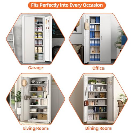 JAORD Metal Storage Cabinet with 5 Adjustable Shelves and Pegboard, 71" H White Garage Storage Cabinet with Doors, Metal File Cabinet for Garage,Home, Office, White, Assembly Required JAORD