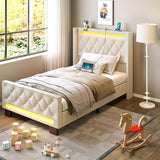Rolanstar Twin Bed Frame with LED Light and Charging Station, Upholstered High Headboard and Footboard, Wood Slats, Noise Free, Easy Assembly, Beige Rolanstar