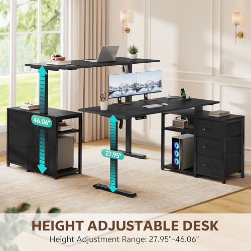 Homiflex 47 Inch L Shaped Standing Desk with 3 Drawers Electric Standing Desk with Storage Computer Desk Adjustable Height with Power Outlets 4 Memory Presets for Home Office Black Homiflex