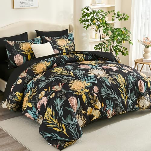 Luxudecor Queen Comforter Set 7 Pieces Bedding Sets, Black Floral Comforter and Sheet Set, Soft Microfiber Bed in a Bag for All Seasons (Black,90"x90") Luxudecor
