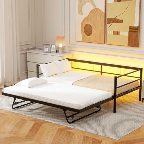 Nahenduo Twin Size Daybed with Pop up Trundle & Adjustable LED Lights, Futon Frame Bed, Metal Sofa Bed Frame for Living Room Bedroom Guest Room, Small Space, No Box Spring Needed (Black + LED) Nahenduo
