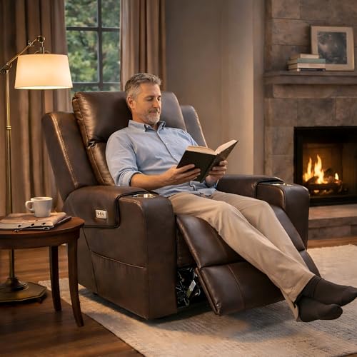 FLEXISPOT Truffle Genuine Leather Power Recliner w/ 1.2" Wall-Hugger Clearance, Electric Zero-Wall RV Recliner w/Adjustable Headrest, Massage & Heat, Home Theater Sofa, FSC-Certified, Chocolate