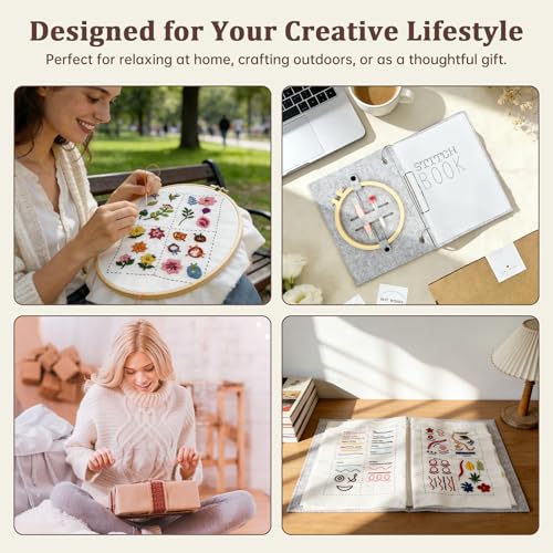 Bmtbu 2026 Upgraded Embroidery Stitch Book Kit with 8.27"x10.65" Portable Loose-Leaf Cover, 6 Fabric Pages, Complete Toolkit, Easy Instructions & Video Tutorials. (Classic)