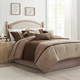 Madison Park Palisades Comforter Set Modern Faux Suede Pieced Stripe Design, All Season Down Alternative Cozy Bedding with Matching Shams, Decorative Pillows, King(104"x92"), Brown 7 Piece Madison Park