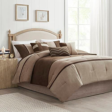 Madison Park Palisades Comforter Set Modern Faux Suede Pieced Stripe Design, All Season Down Alternative Cozy Bedding with Matching Shams, Decorative Pillows, King(104"x92"), Brown 7 Piece Madison Park