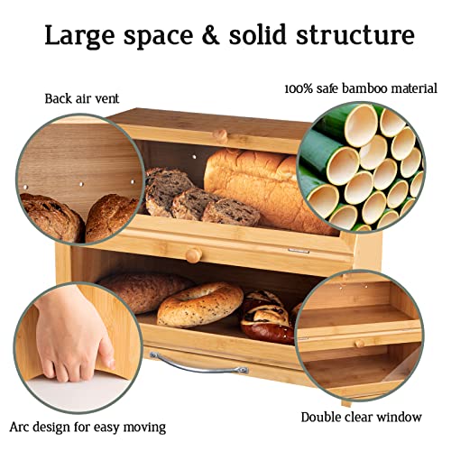 MAISONPEX Double Layer Bamboo Bread Box for Kitchen Countertop, Cutting Board, and Stainless Steel Bread Knife, Large Capacity Storage Container with Clear Windows (Self-Assembly)