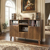 knoworld Large Round Record Player Stand with Vinyl Record Storage & Charging Station, Modern Turntable Cabinet with Power Outlet and USB Ports for Living Room and Bedroom (Walnut) knoworld