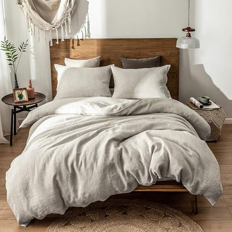 Simple&Opulence 100% Linen Duvet Cover Set, 3 Pieces Belgian Flax Breathable Bedding, 1 Comforter Cover+2 Pillowshams with Coconut Button Closure(Full,Linen) Simple&Opulence