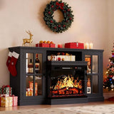 YESHOMY Glass Fireplace TV Stand for Televisions up to 65", Media Entertainment Center Console Table with Led Lights, Black YESHOMY