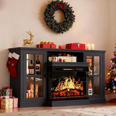 YESHOMY Glass Fireplace TV Stand for Televisions up to 65", Media Entertainment Center Console Table with Led Lights, Black YESHOMY