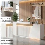 Modern Reception Desk with LED Lights & Built-in Outlets, 63” L-Shaped Front Desk with Slatted Grille Design,White Checkout Counter for Salon, Retail Store, Office, Dimmable Switch Laxodor