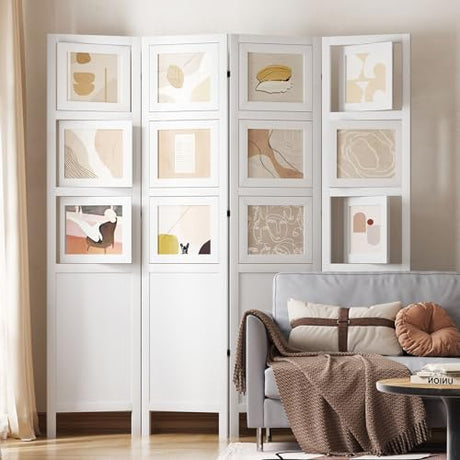 4 Panel Photo Room Divider Freestanding Folding Privacy Screen and Decorative with 16 Frames for Home Office (White) Svimi