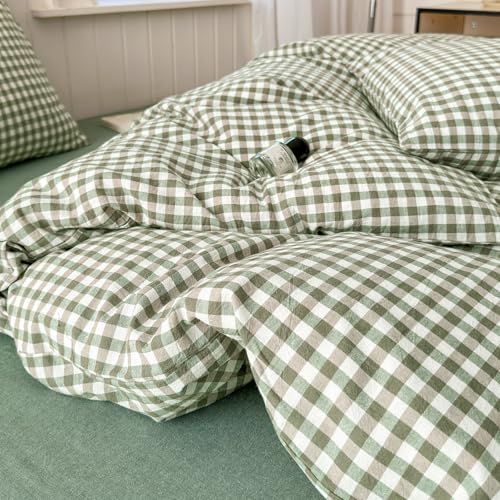 LifeTB Green Gingham Comforter Set Full Size Boho Plaid Checkered Pattern Comforter Geometric Grid Plaid Printed Bedding Comforter Set with 2 Pillowcases Fluffy Soft Gingham Bedding Set Full Size LifeTB