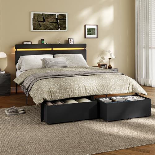 Forestell Queen Bed Frame with Wood Headboard, Black Platform Bed with 2 Storage Drawers & Shelf, Built-in Charging Station & LED Lights, Metal Support, No Box Spring Needed, Cama Queen Size Forestell