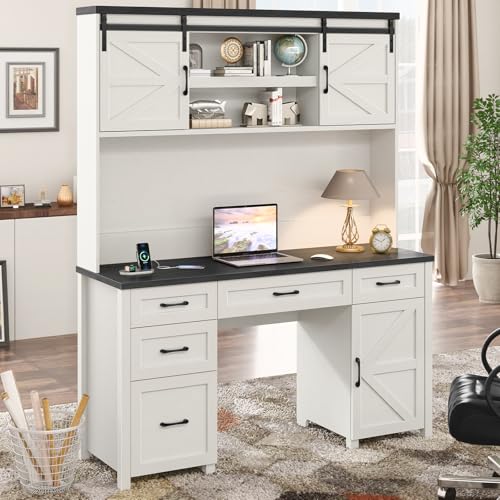 Farmhouse 67" H Executive Desk with Hutch,Office Desks with 5 Drawers, Computer Desk with Storage Cabinet & File Drawers and Charging Station, Wood Workstation for Home Office and Study.(Black). Halitaa