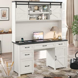 Farmhouse 67" H Executive Desk with Hutch,Office Desks with 5 Drawers, Computer Desk with Storage Cabinet & File Drawers and Charging Station, Wood Workstation for Home Office and Study.(Black). Halitaa