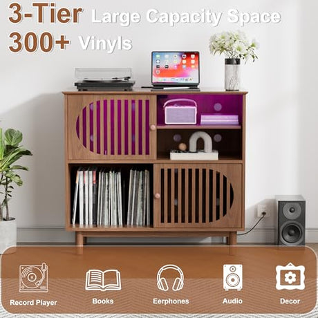Large Record Player Stand with Storage & LED Lights, Vinyl Record Storage Cabinet with Charging Station Holds Up to 350 Albums, Mid Century Modern Turntable Stand for Living Room (Walnut) YKVIQBY