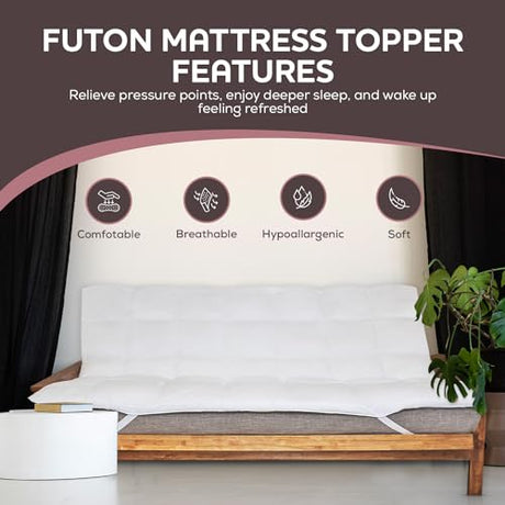 CirclesHome White Futon Mattress Toppers with Anti-Slip Anchors - Futon Cover Filled with Plush Down Alternative Fill - Full Size Futon Cover is Soft, Comfortable and Allergy Free (Size: 54 x 75 x 3) CIRCLESHOME