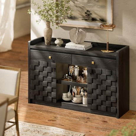55" Buffet Cabinet with Storage, Kitchen Buffet Sideboard with Charging Station & LED Lights, Modern Wood Coffee Bar with Drawers & Door Rack, Large Accent Storage Cabinets with Adjustable Shelves STO'SENSE