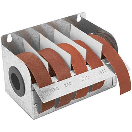 Peachtree Woodworking Supply Steel Dispenser with Multi-Roll Assorted Abrasive Rolls for Wood Turners, Wood, Metal Workers, Automotive Body Work in Assorted Grits 150, 240, 320, 400 and 600 Grit Rolls Peachtree Woodworking Supply