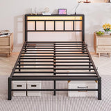 Maliacife Full Size Bed Frame with Headboard,LED Light and Charging Station with Wood Shelves,Metal Platform Bed with Heavy Duty Slats Support,No Box Spring Needed,Easy Assembly,Noise Free,Black Maliacife