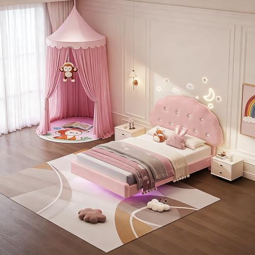 Lynxor Teddy Velvet Twin Size Bed Frame with LED Lights, Cookie Floating Platform Bed Frame, Adjustable Headboard and Elevated Footboard, Noise Free,Princess Room Upholstered Bed Frame, (Pink) Lynxor