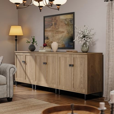 FENSULN Buffet Sideboard Cabinet Farmhouse Modern 3 in1 Storage Cabinet with Adjustable Shelves for Kitchen, Coffee Bar, Living Room, Oak FENSULN