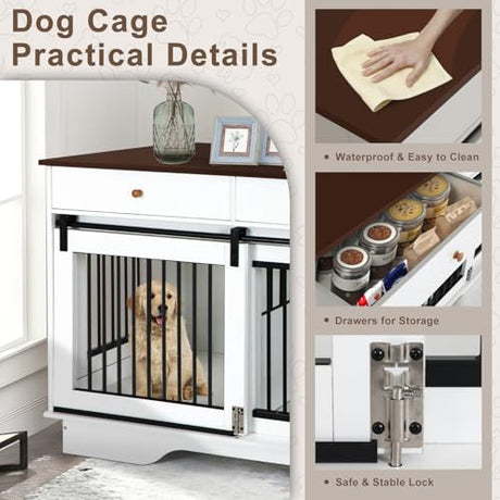 Dog Crate Furniture for 2 Dogs, Dog Kennel with 2 Storage Drawers & Divider, Large Double Dog Cage As TV Stand, Furniture Style Dog Crates with Sliding Barn Door (Brown & White) OUTDOOR DIAMOND