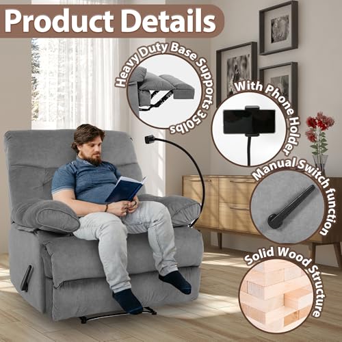 Chizzyseat Manual Oversized Recliner Chair for Heavy Duty Adults 400lbs Extra Wide Recliner with Phone Holder Big Man Recliners for Living Room Bedroom Nursery RV Dark Grey