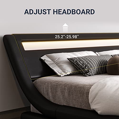 Allewie Queen Size LED Platform Bed Frame with Adjustable Headboard/No Box Spring Need/Easy Assembly/Faux Leather in Black Allewie