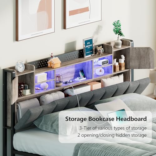 Elevate Your Space with the CSZZD Queen Bed Frame: Upholstered with Smart LED Lights & Storage Headboard in Oak Gray CSZZD