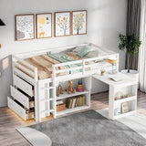 SOFTSEA Twin Size Low Loft Bed with Desk and Storage, Twin Size Loft Bed with Portable Desk, Storage Drawers & Shelves for Kids Teens, Wood Loft Bed with Bookshelf, White SOFTSEA
