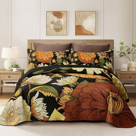 Tyrot 3 Piece Black Boho Floral Full/Queen Quilt Sets Reversible Farmhouse Botanical Lightweight Bedspread Coverlet with 2 Shams Mid Century Microfiber Bedding Quilts Set for All Season,90''x96'' Tyrot